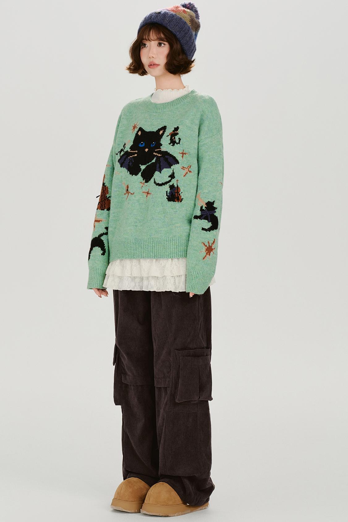 Cat Jacquard Retro Pullover Top
