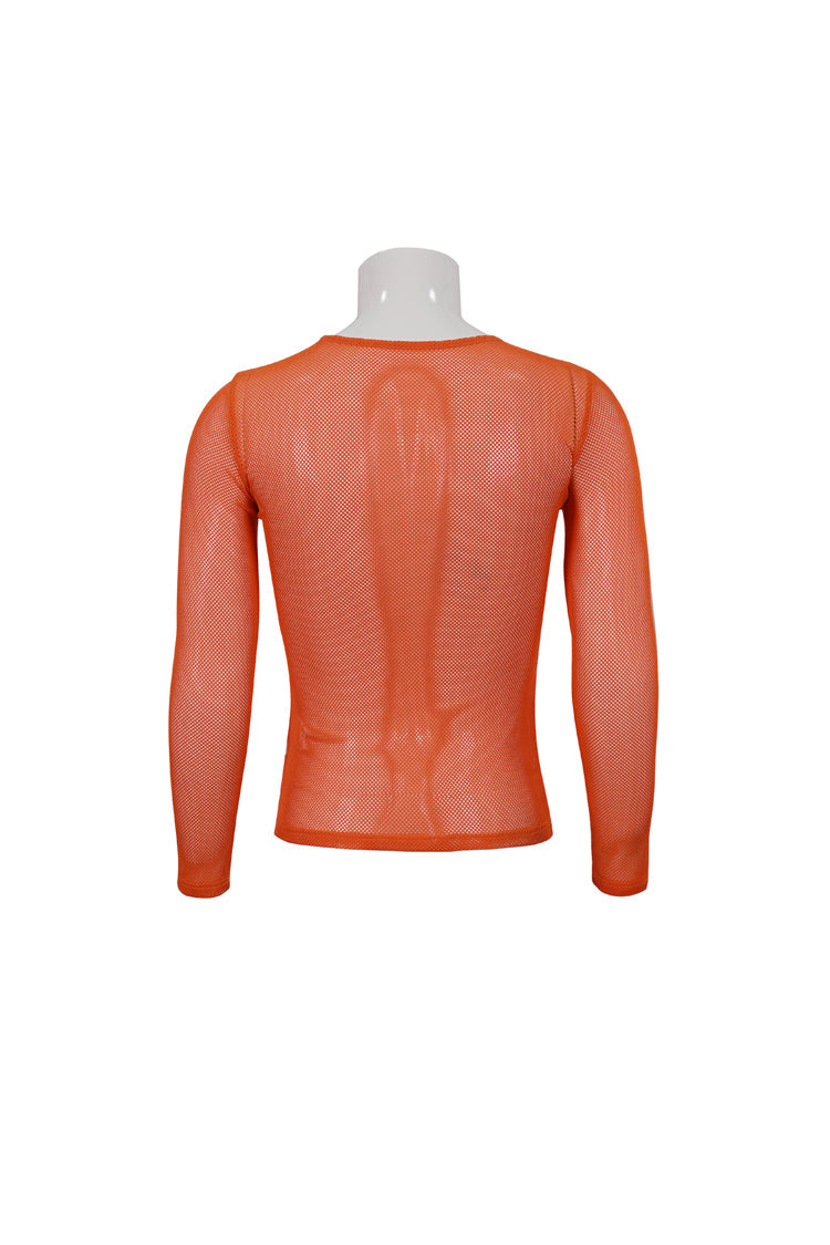 Orange Elasticity High Neck Long Sleeve Mesh Gothic T-shirt