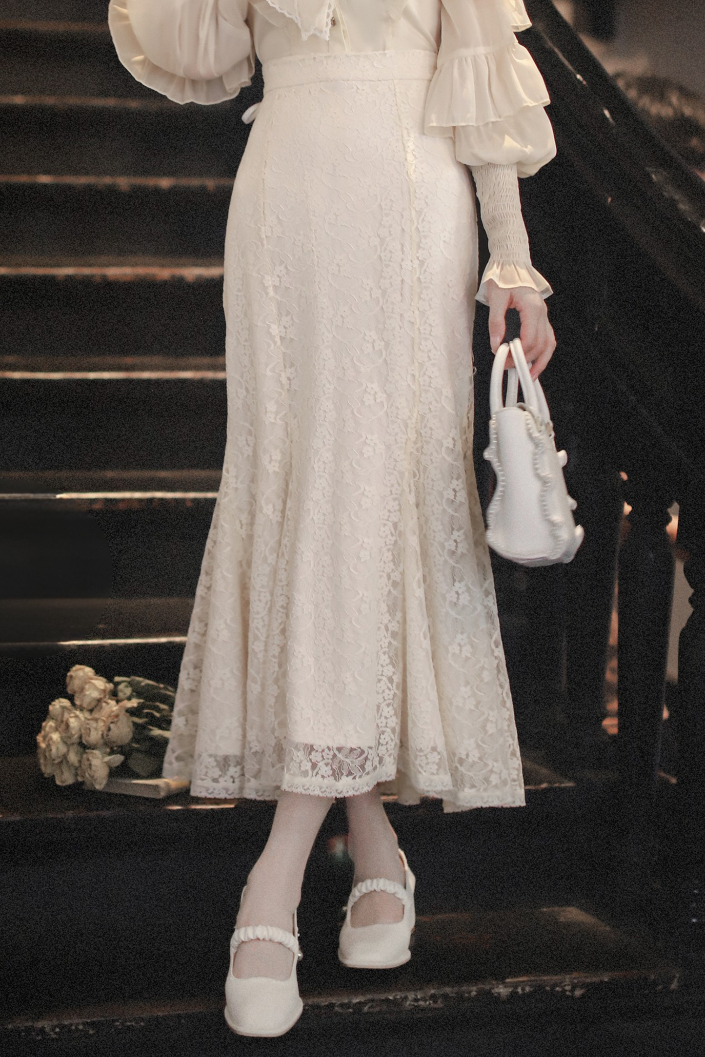 Sheer Chiffon Big Ribbon Shirt + Mermaid Skirt