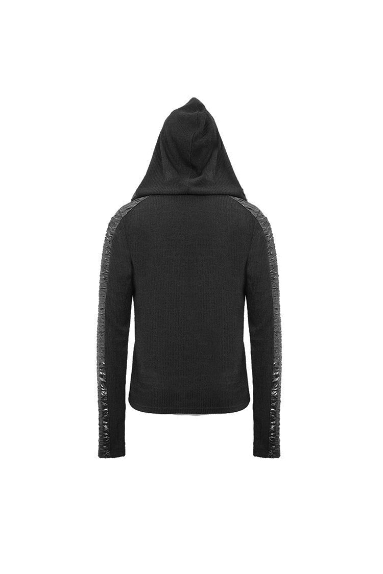 Black Chest Lace Up Vertical Stripes Woolen Splice Bright Crimped Fabric Hooded Punk T-shirt