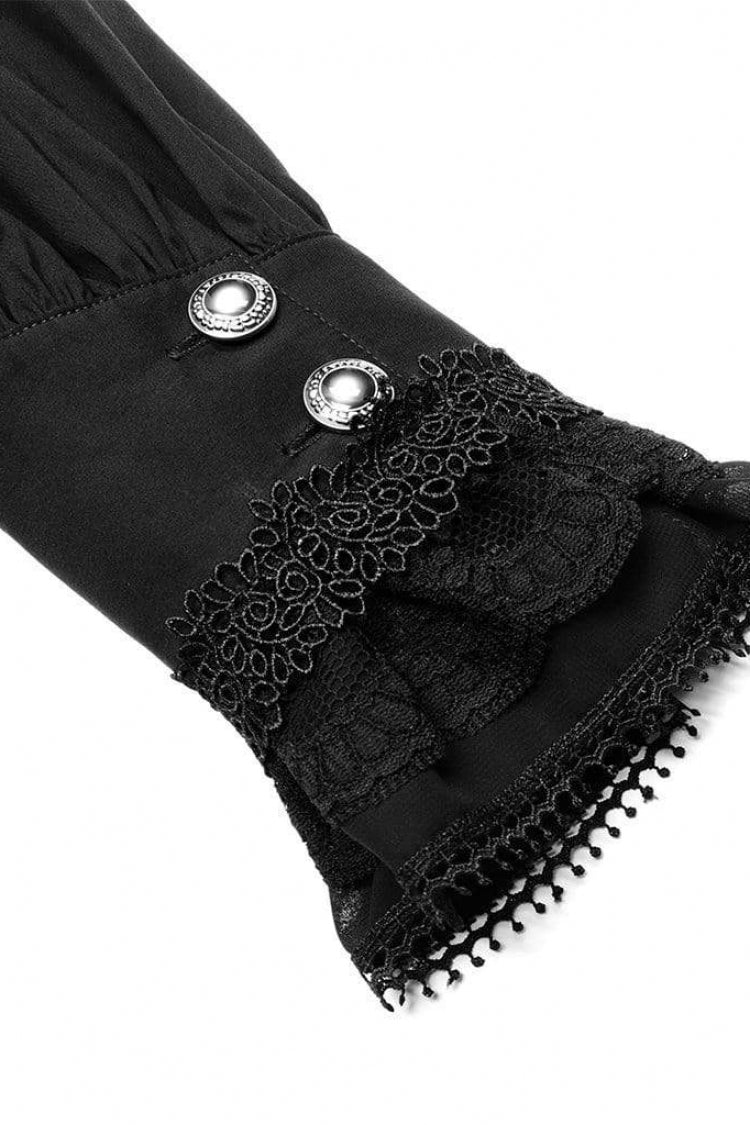 Black Stand Collar Long Sleeves Metal Button Lace Gothic Blouse