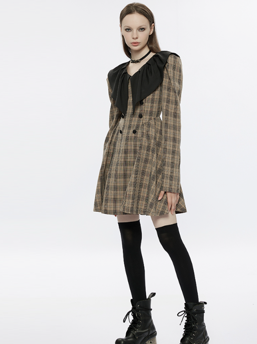 Pointed Ruffle Collar French Plaid Dress