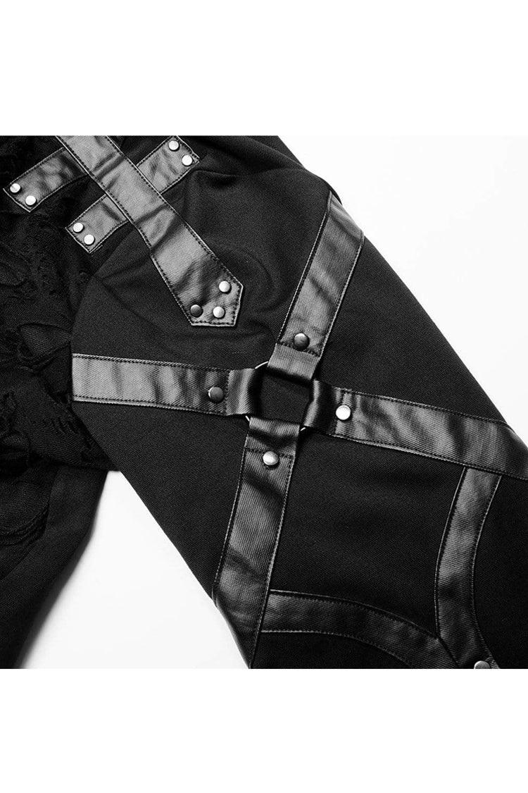 Black Long Sleeve Leather Strap Decoration Broken Holes Knit Punk T-shirt
