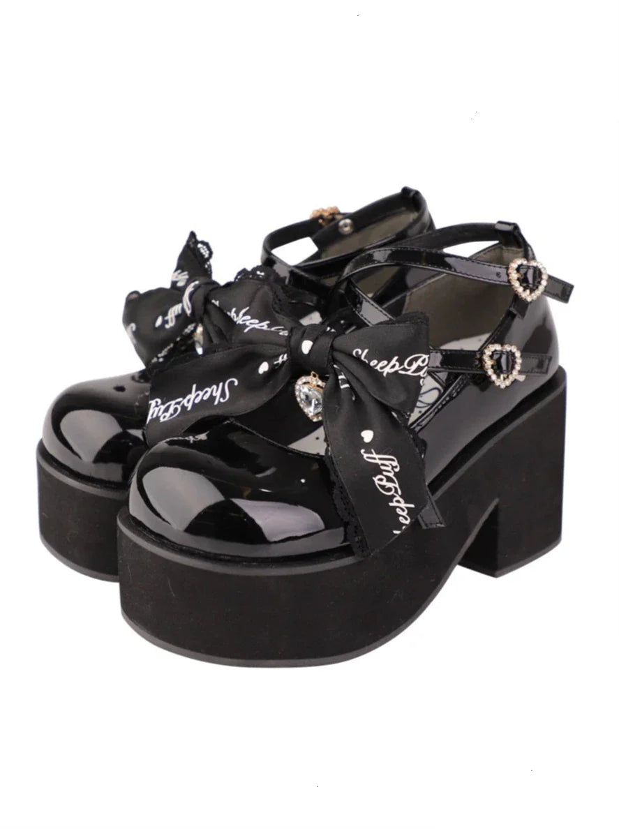 Black Pink Jewel Ribbon Platform Shoes