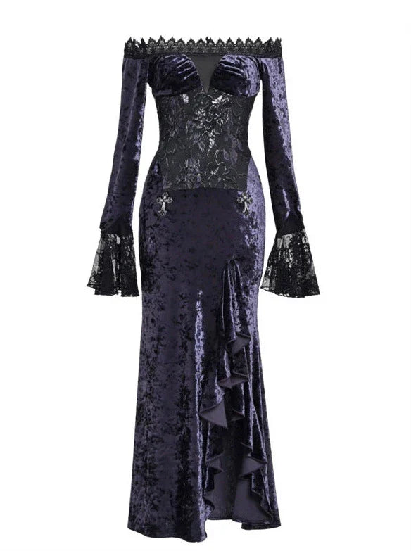 Luna Gothic Velvet One-shoulder Slim Mermaid Slit Dress