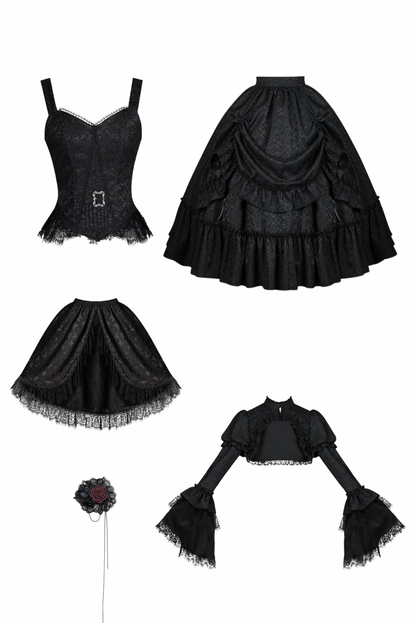 Gothic Corset Top + Short Coat + Hose + Curtain + Skirt + Flower + Bonnet