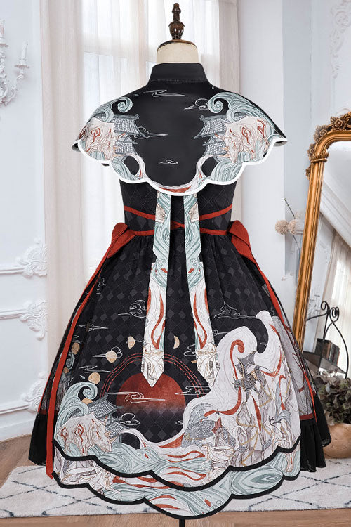 Black Chinese Style Chang'e Flying to the Moon Print Ruffled Classic Lolita Op Dress