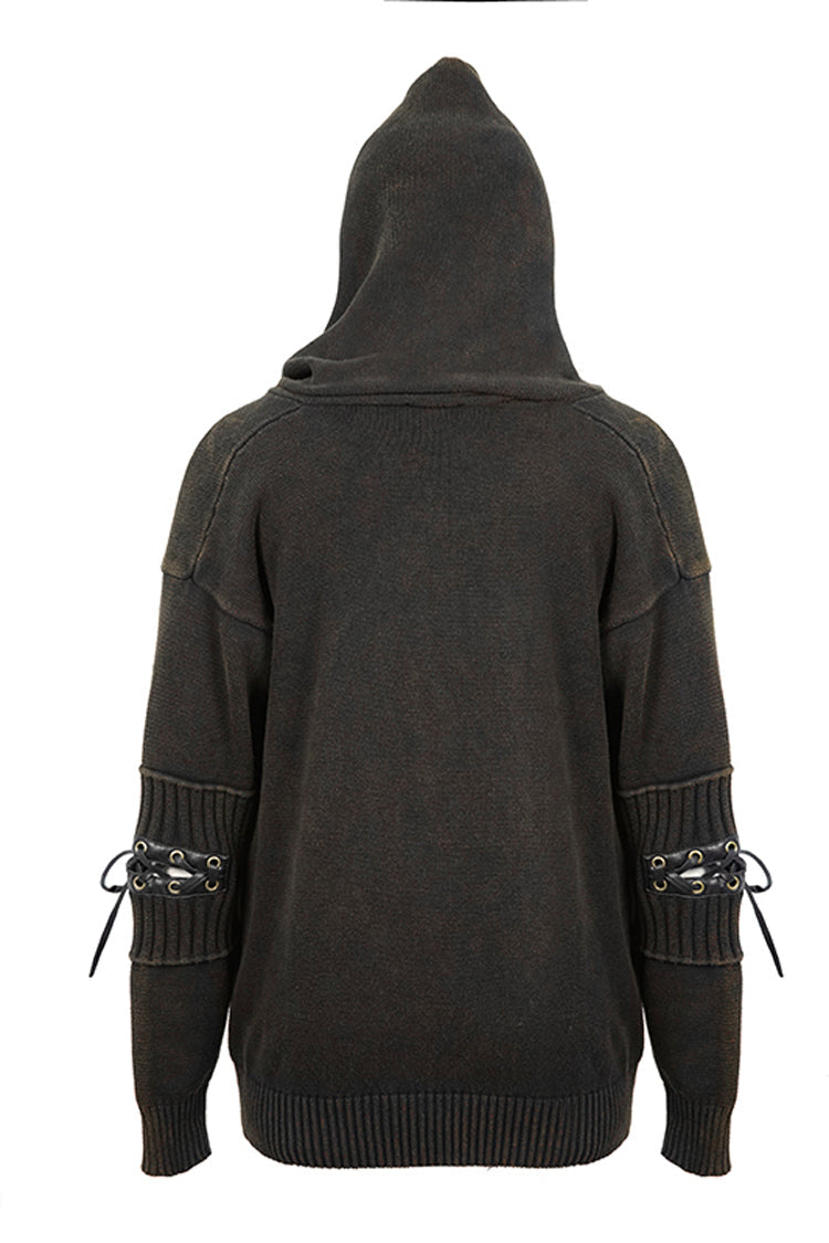 Brown Worn-out Long Sleeve Elbow Leather Strip Lace-up Hooded Coarse Knit Punk Sweater