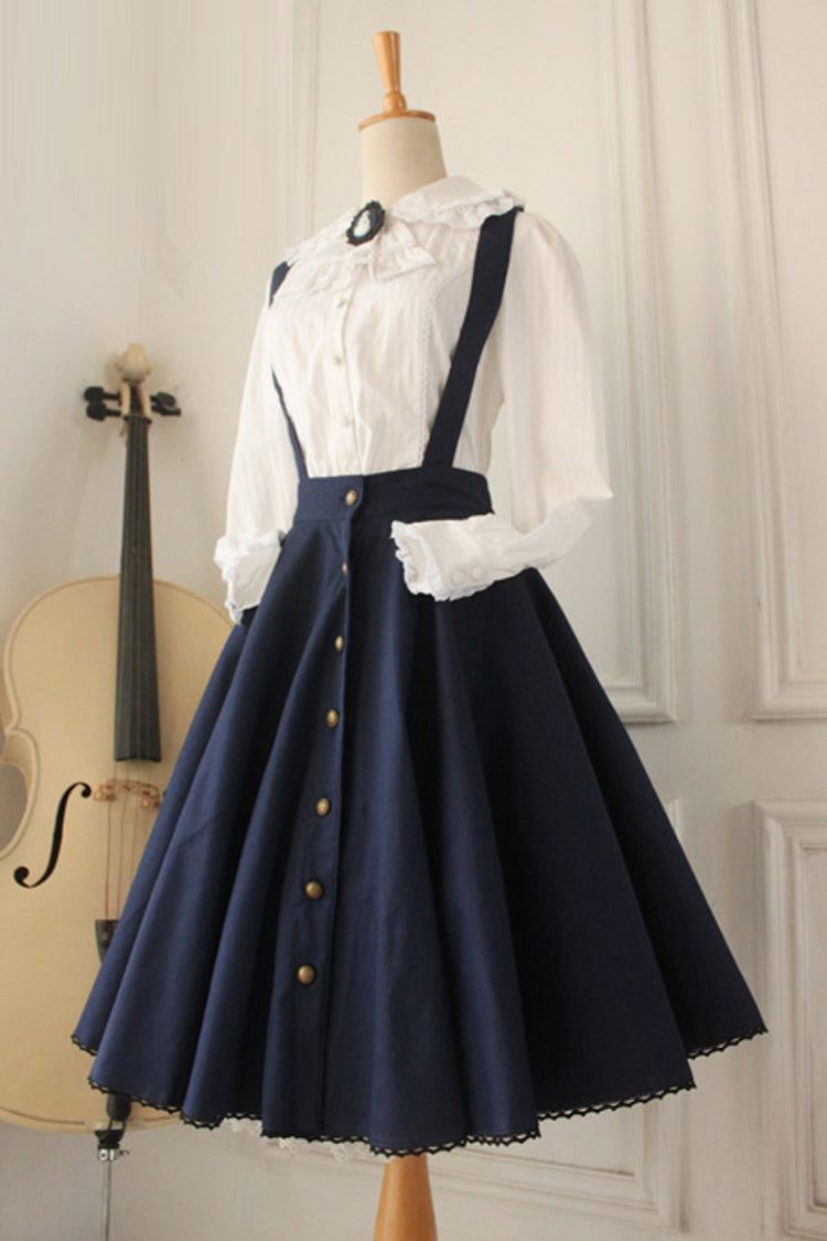 Dark Blue Single Breasted Ruffled Classic Lolita Skirt Strap Dress