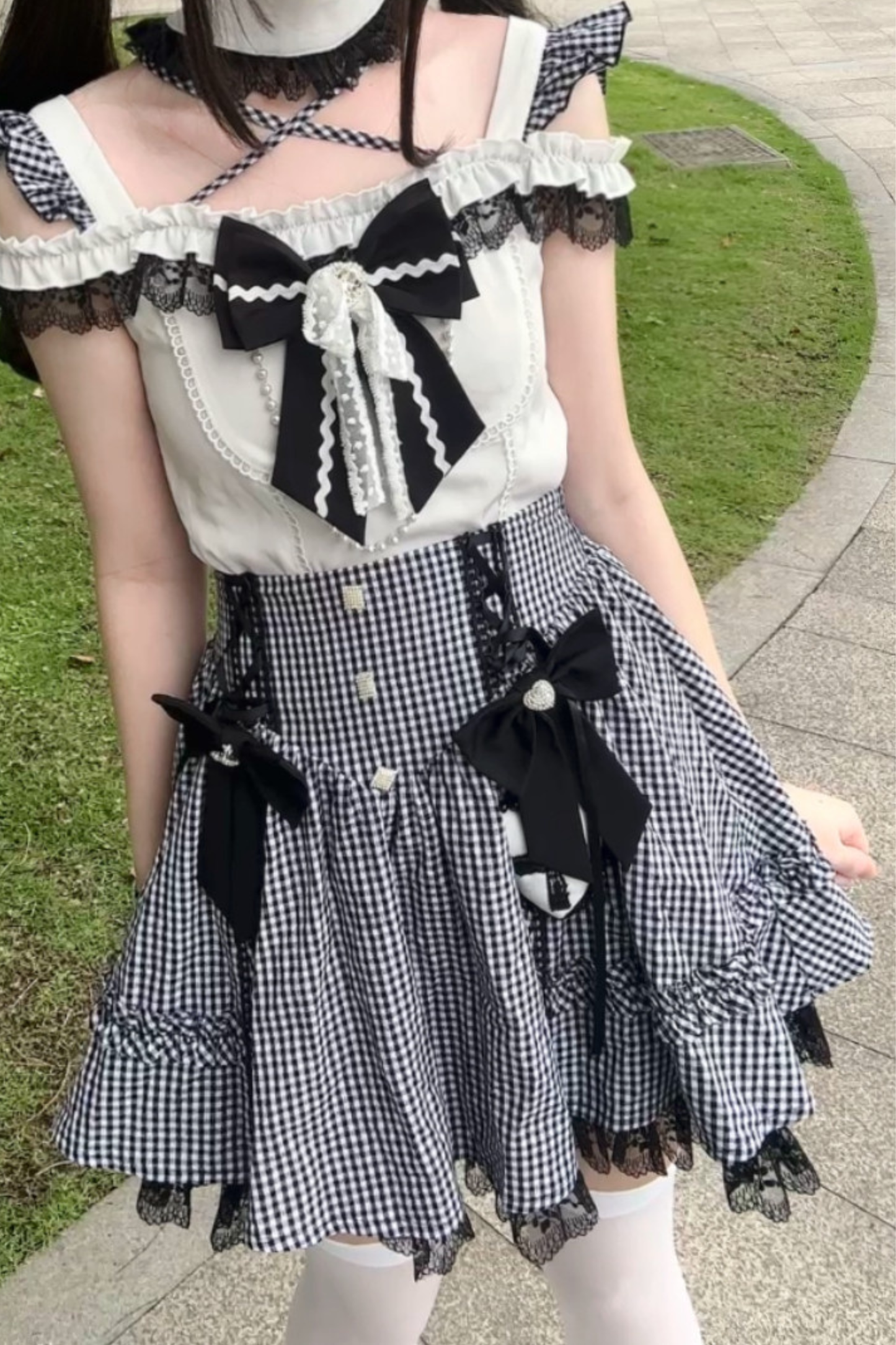 Checkered Off Shoulder Top + Skirt