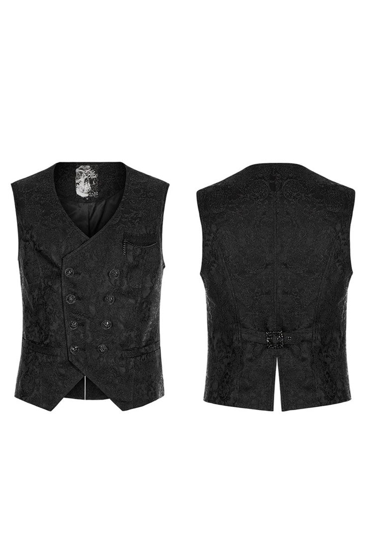 Black Punk V Neck Asymmetrical Relief Sculpture Jacquard Double Row Hand Seam Button Vest