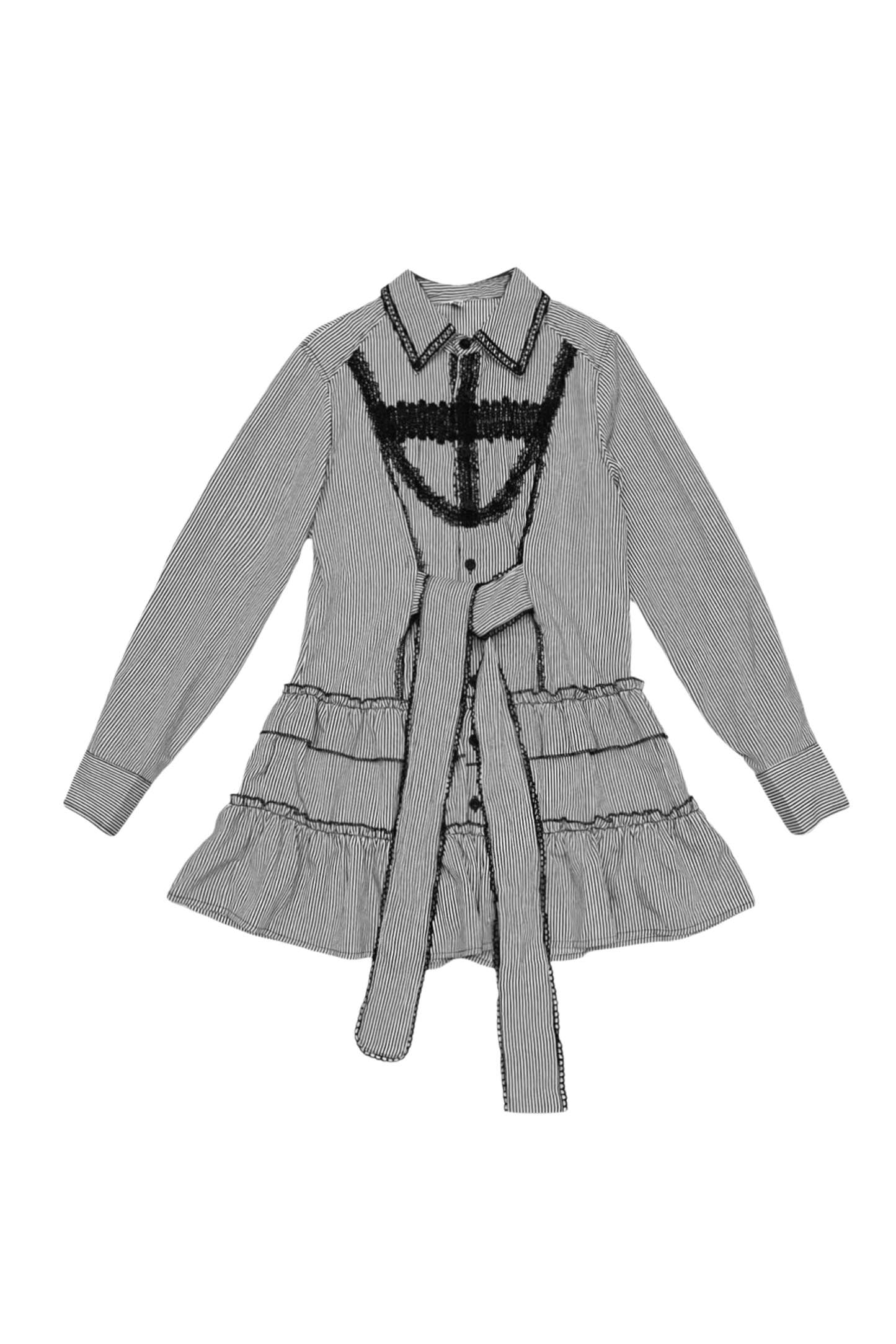 Striped Lace Midi Patchwork Shirt Dress