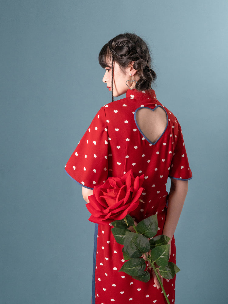 Back Open Love Denim Element Stand Collar Cheongsam Dress
