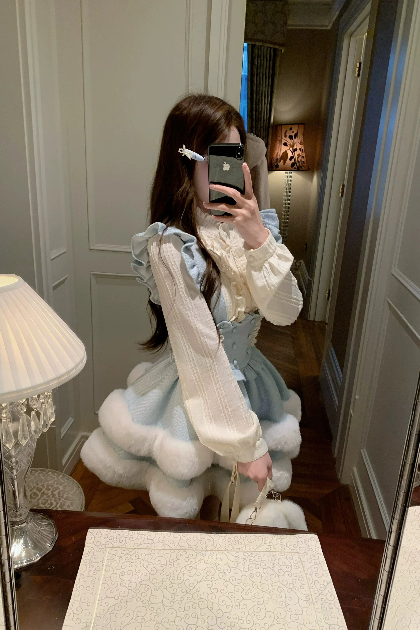 Light Blue Fur Collar Cape + Suspender Skirt + Shirt