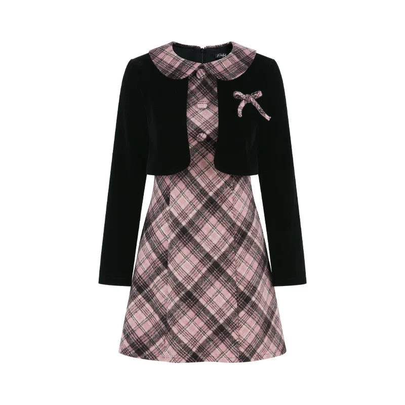French Retro Plaid Doll Collar Dress