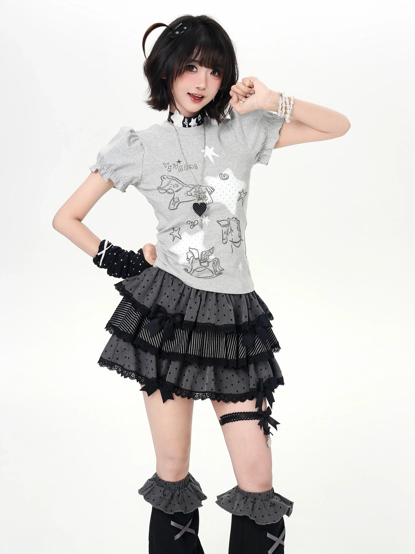 Starry Print Girly Puff Sleeve Top