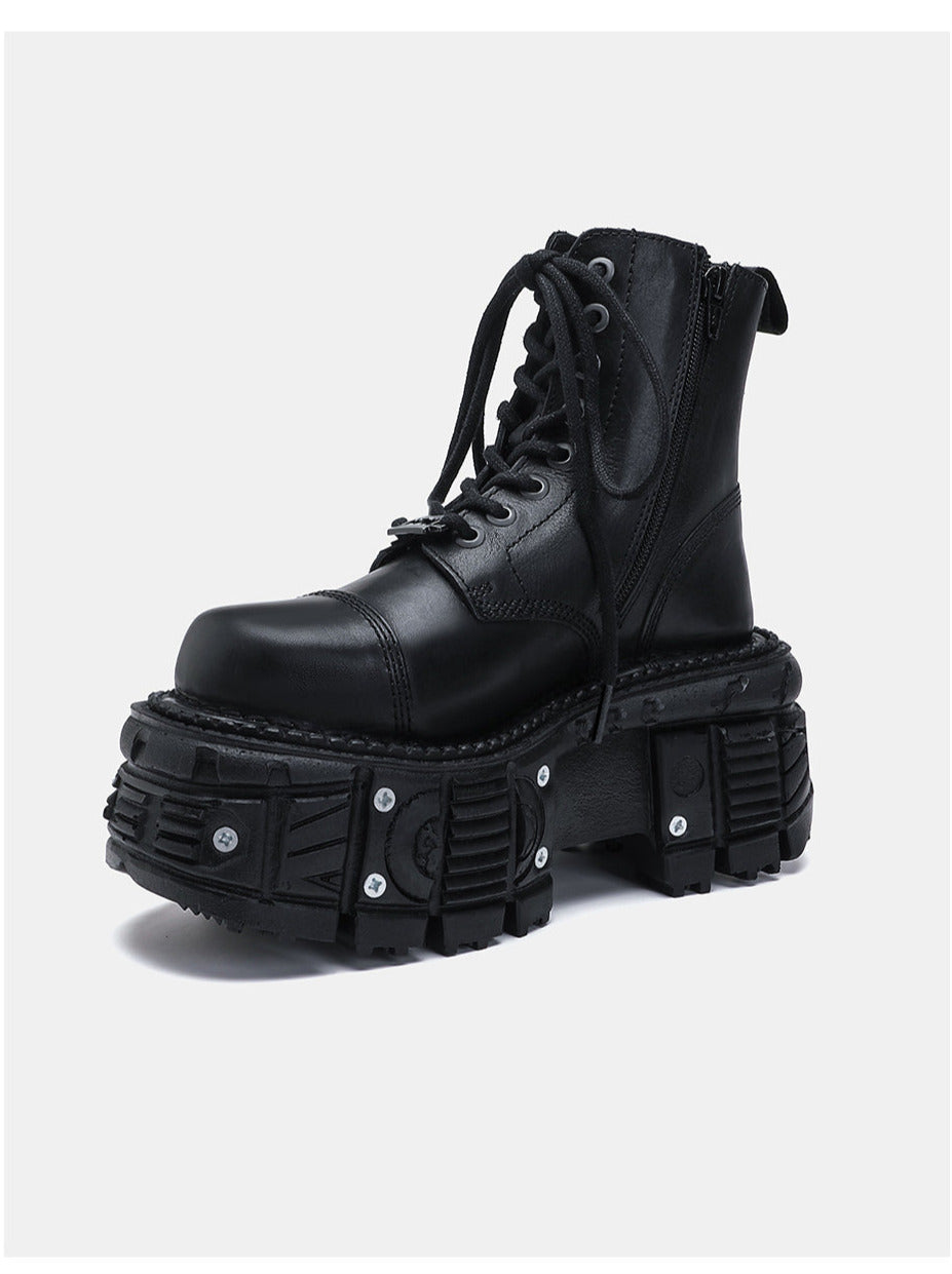 Dark Punk Metal Lace-up Platform Short Boots