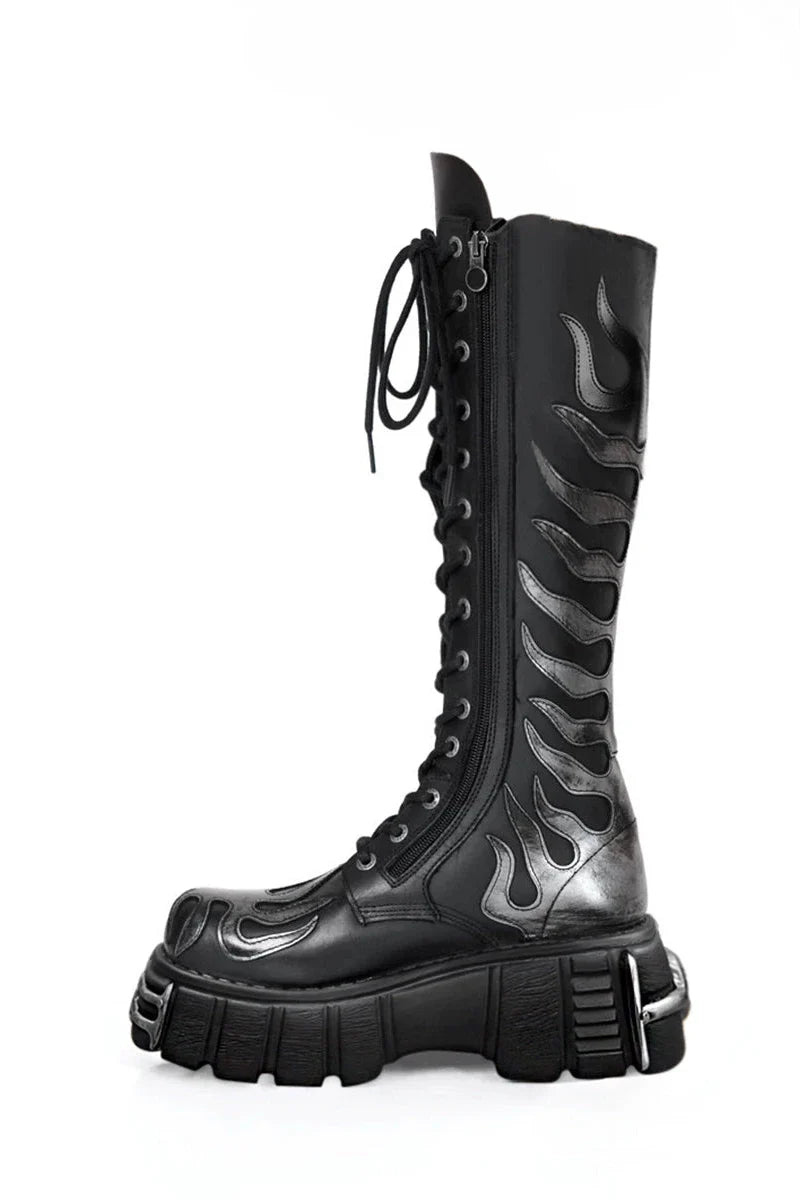 Dark Lace-up Slim Long Boots