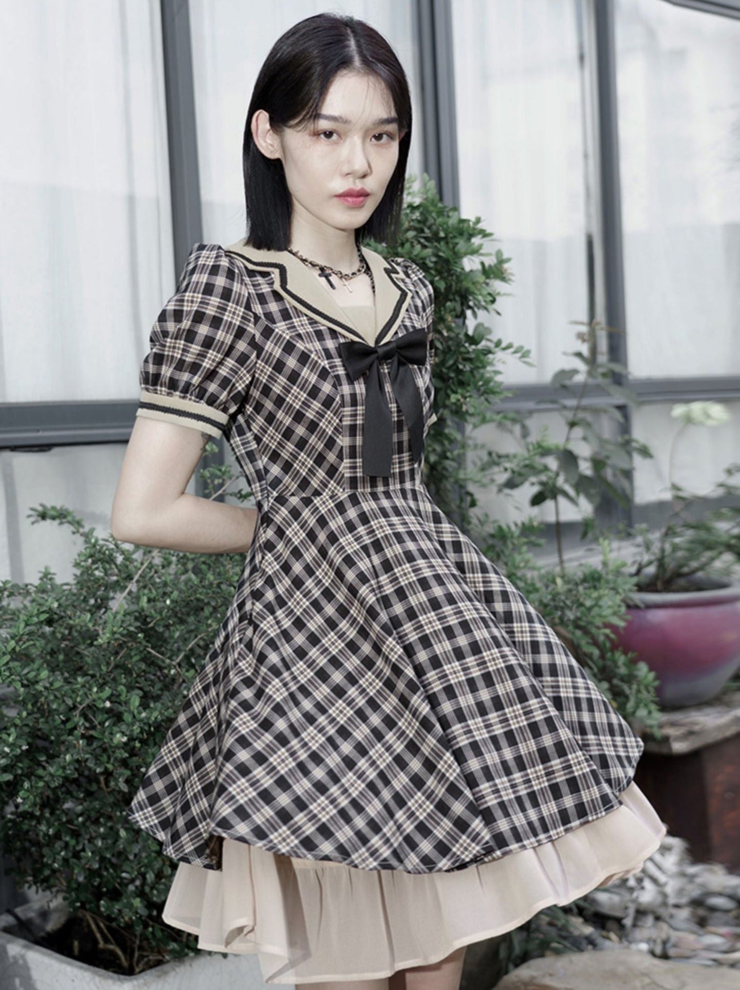 Plaid Bow Sailor Layered Dress