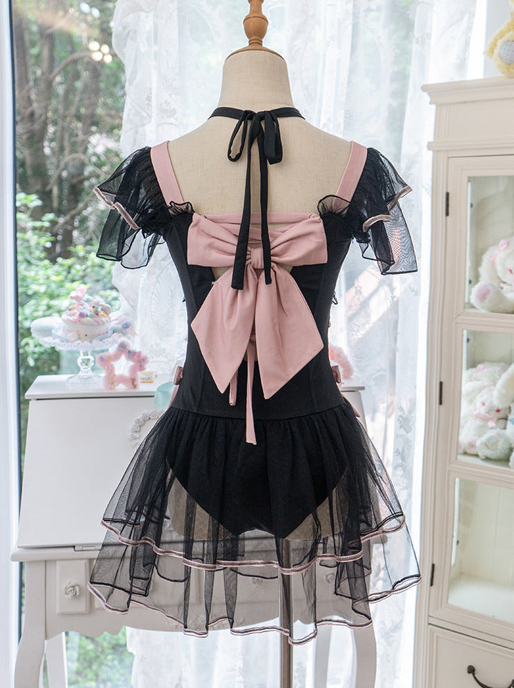 Dot Sheer Ruffle Lace Up Lolita Girly Dress Swimsuit