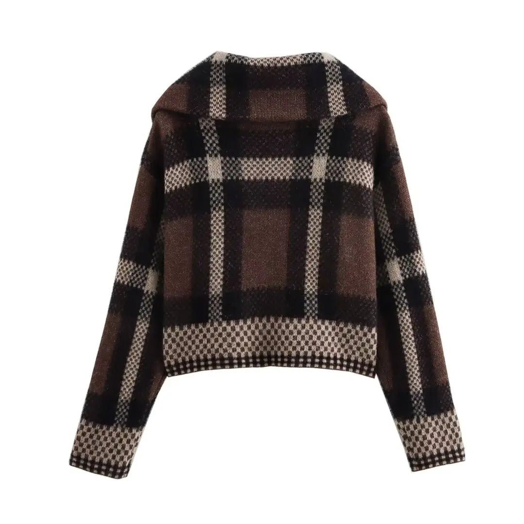 Plaid Knitted Cardigan Brown