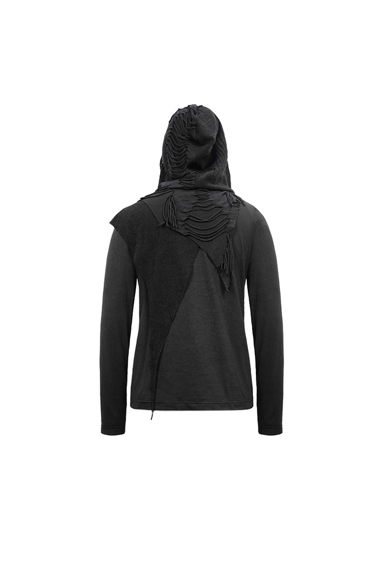 Black Long Sleeves Asymmetric Tatters Strip Leather Metal Loop Hooded Punk T-shirt