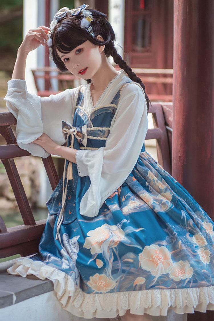 Blue White Tiger and Flowers Print Bowknot Chinese Style Classic Lolita Jsk Dress