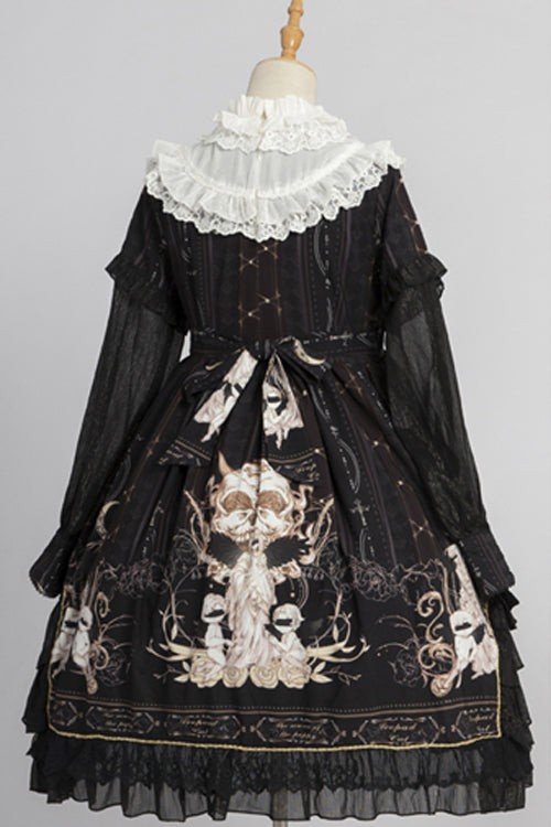 Round Collar Ruffled Long Sleeves Reunion World Print Classic Lolita Op Dress