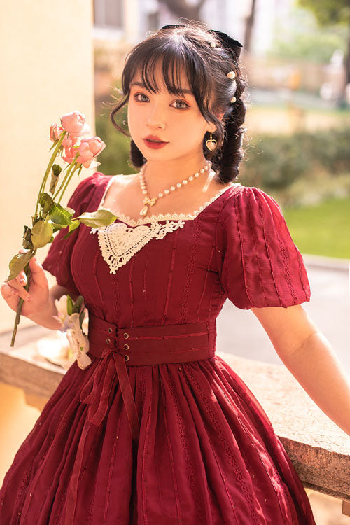 Wine Square Collar Short Sleeves Multi-layer Ruffled Classic Lolita Op Dress