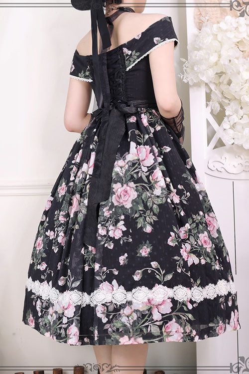 Black French Rose Print V Collar Sleeveless Ruffled Classic Lolita Jsk Dress
