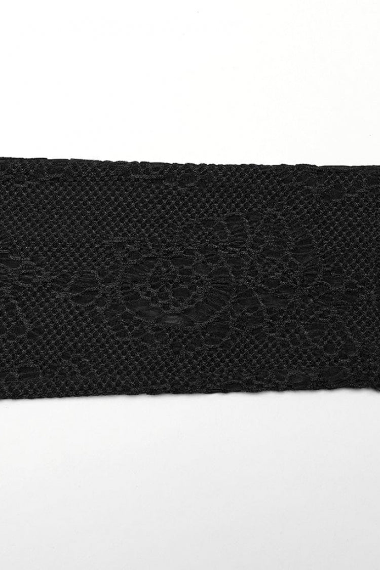 Black Round Collar Long Sleeves Jacquard Symmetrical Rope Gothic T-shirt