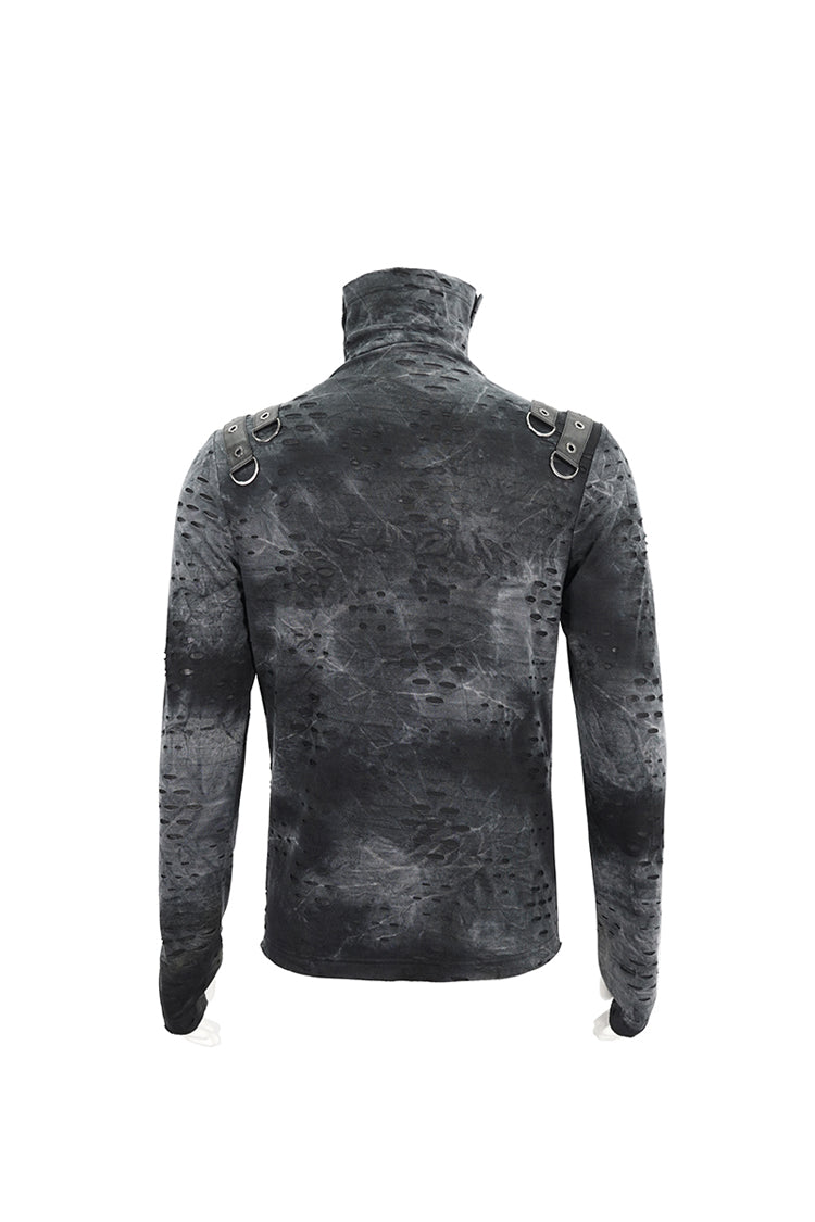 Grey/black Lrregular Ripped Stand Collar Punk Shirt