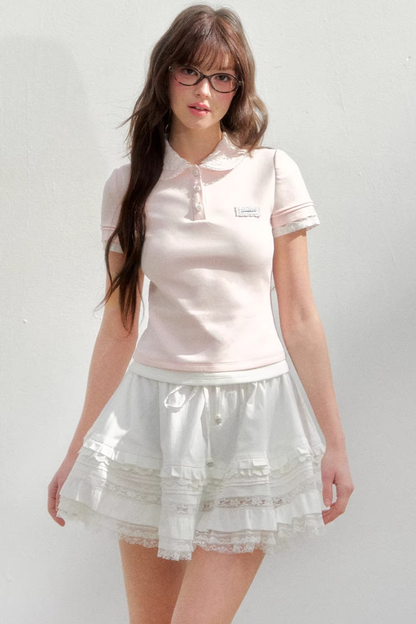 Embroidered Collar Pink Blouse