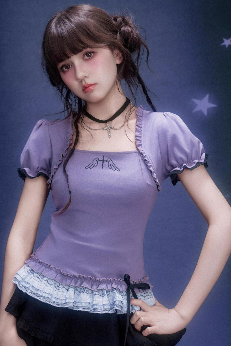 Purple Lace Puff Sleeve Top