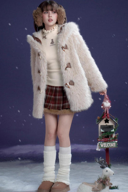 Plaid Fur Skirt + High Neck Tops + Duffle Fur Coat