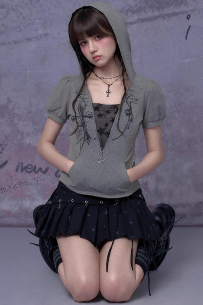 Gray Cross Hooded Top