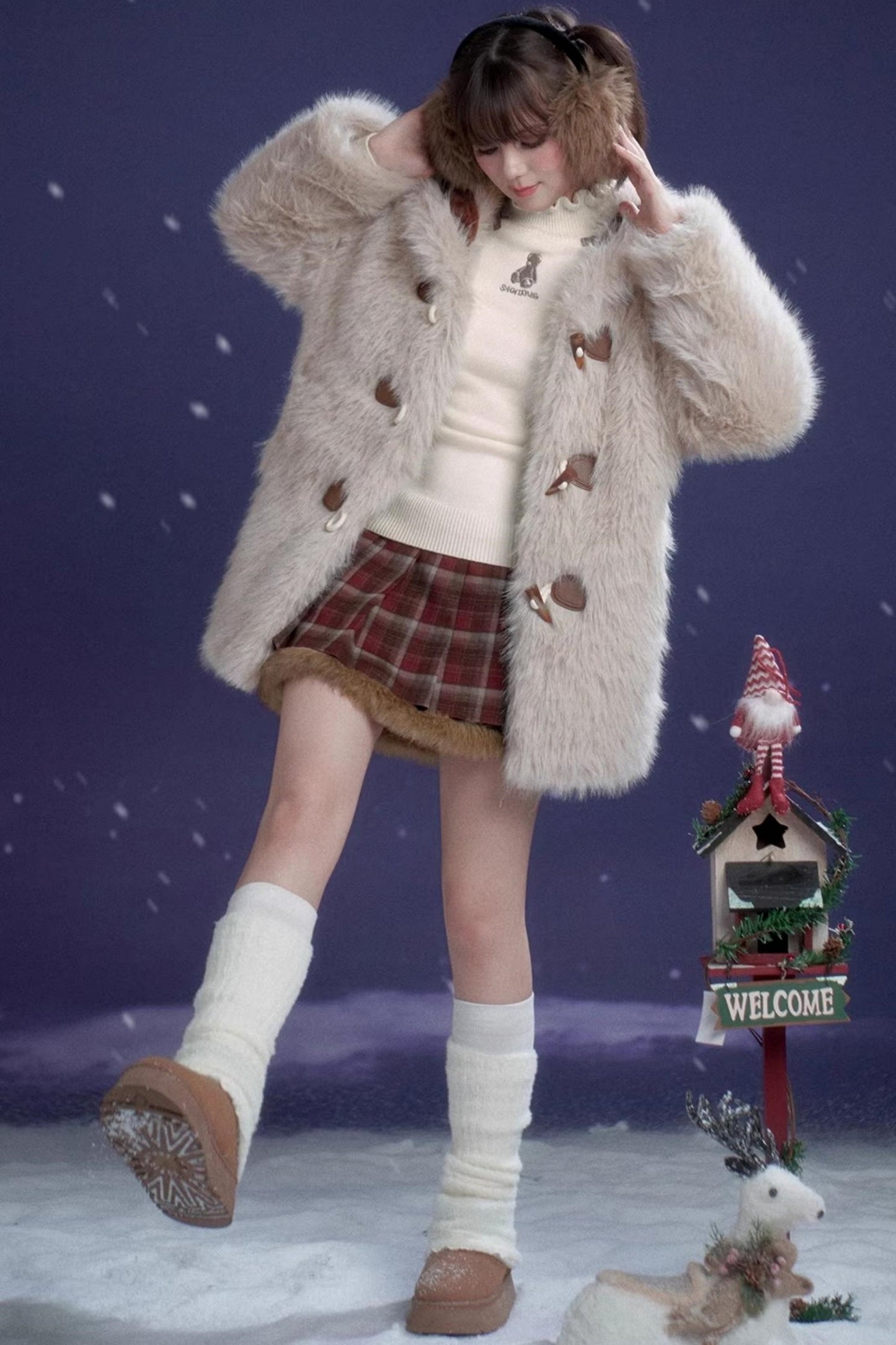 Plaid Fur Skirt + High Neck Tops + Duffle Fur Coat
