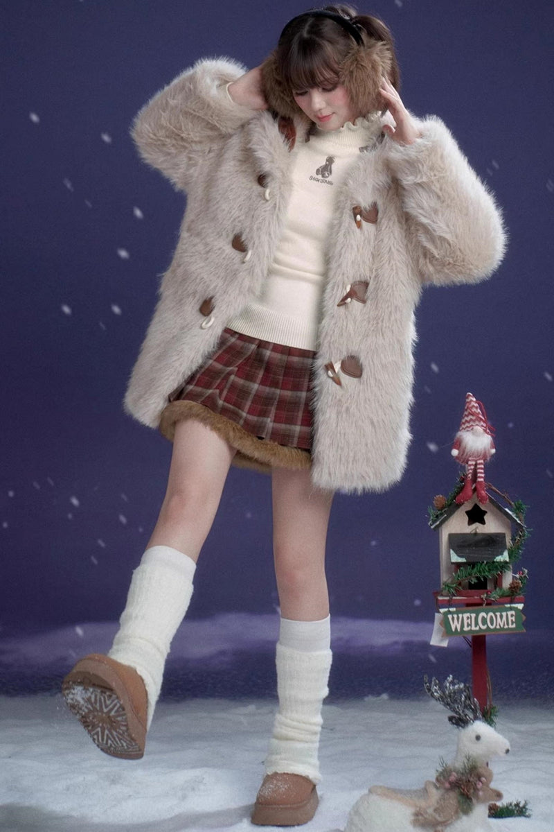 Plaid Fur Skirt + High Neck Tops + Duffle Fur Coat
