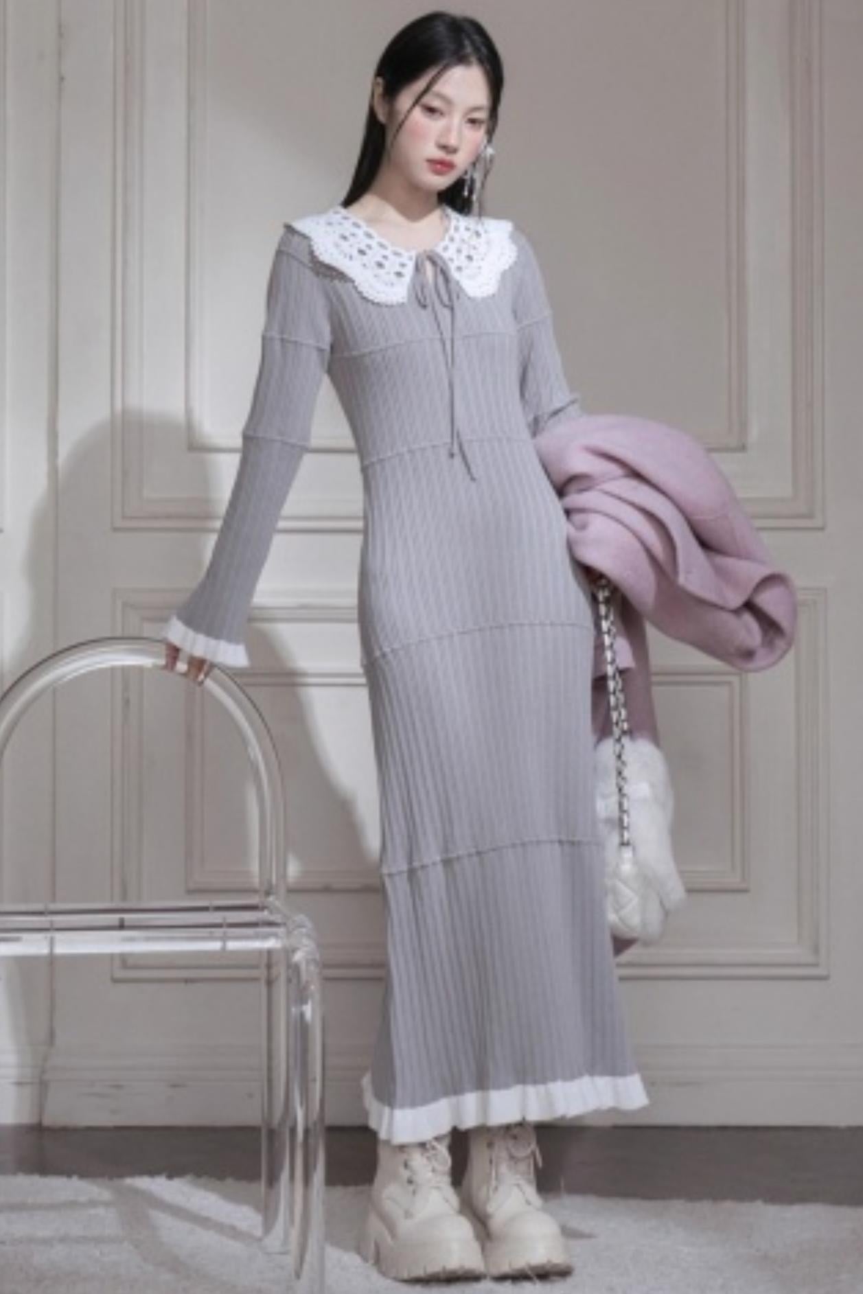 Sichuan Mist Gray Ruffle Long Dress