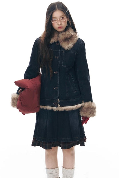 Fur Collar Denim Jacket + Skirt