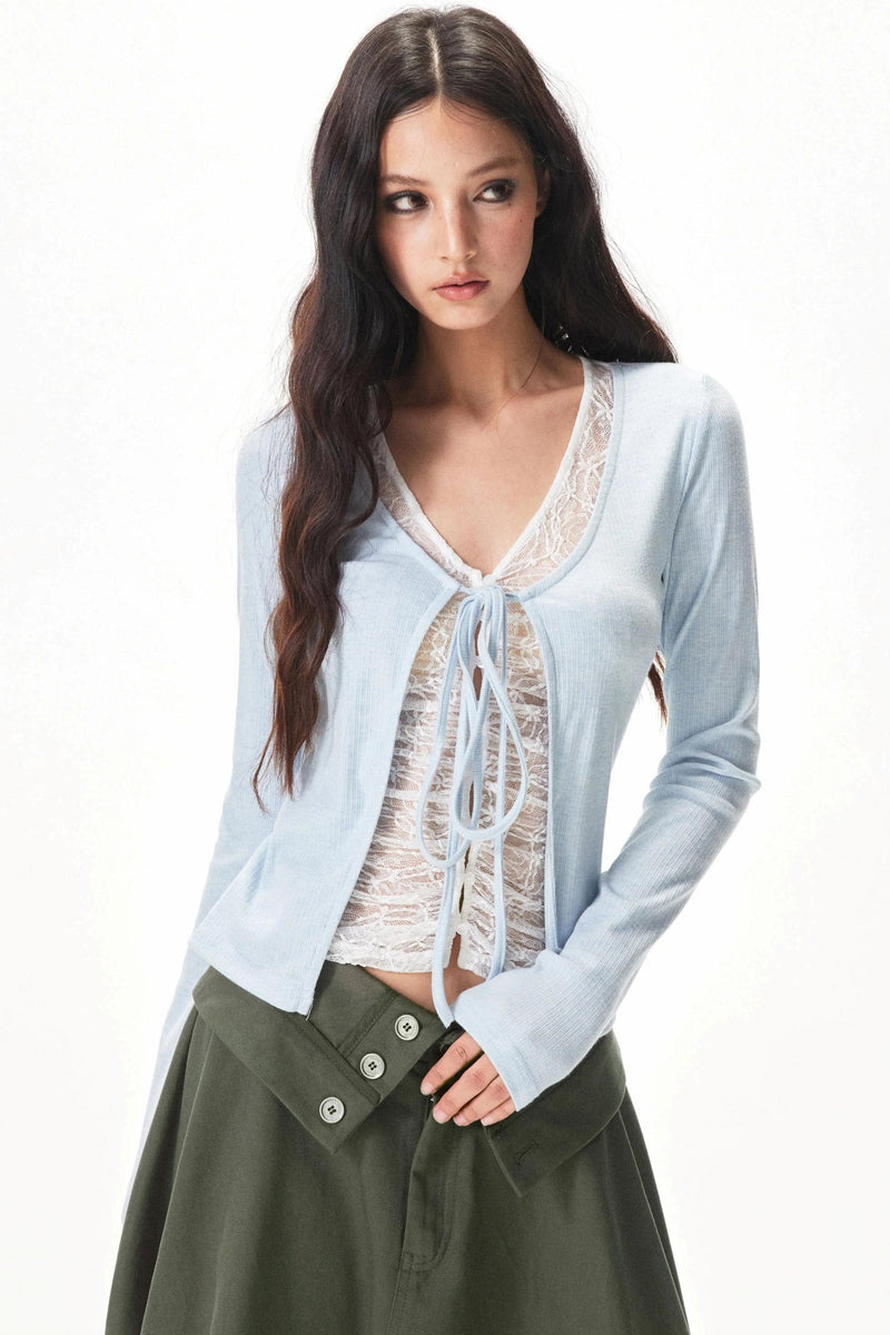 Fine Ribbed Knit Lace Blouse
