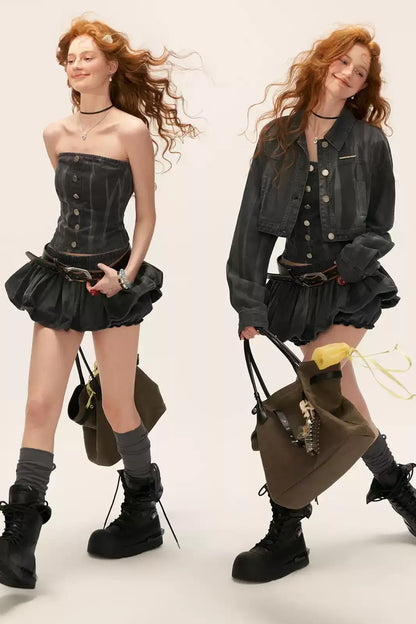 Retro Denim Skirt + Jacket + Top