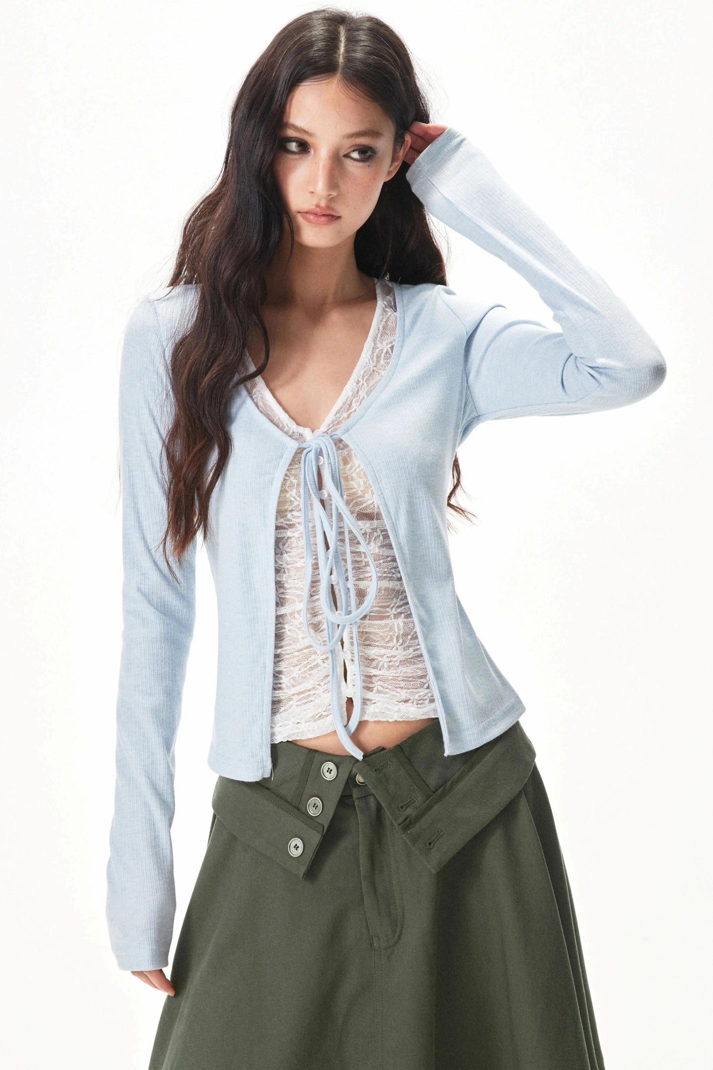Fine Ribbed Knit Lace Blouse