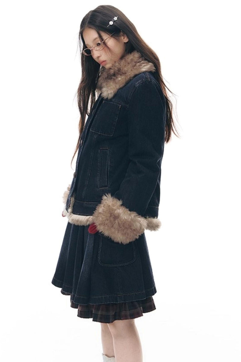 Fur Collar Denim Jacket + Skirt