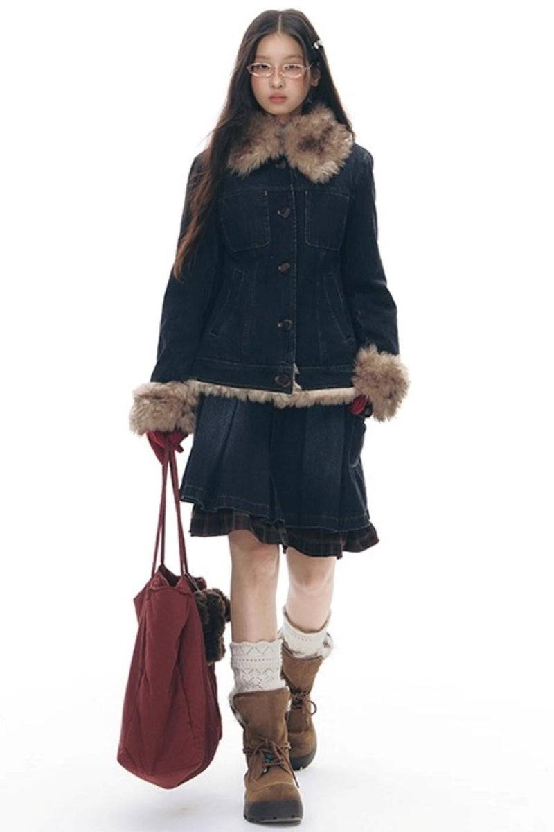 Fur Collar Denim Jacket + Skirt