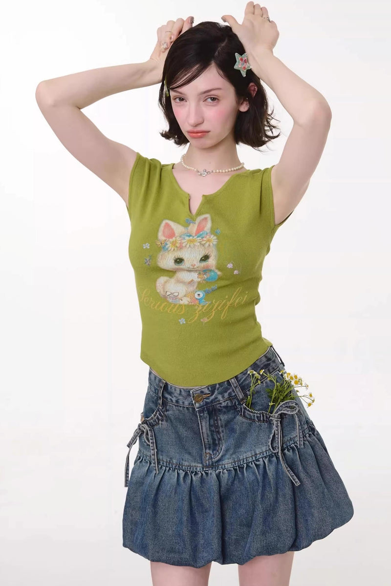 Green Rabbit Print V-neck Top