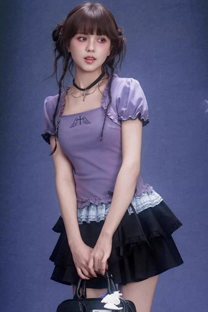 Purple Lace Puff Sleeve Top