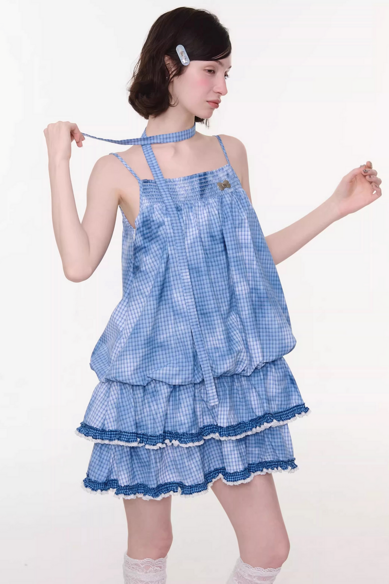 Tie-dye Blue Plaid Lace Dress