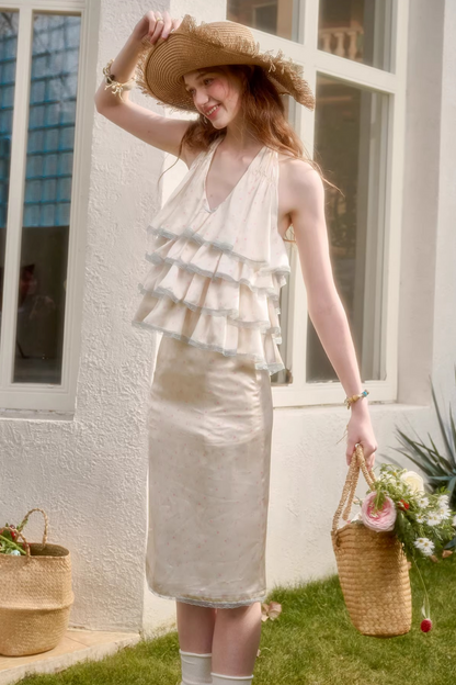 Lemon Satin Lace Top + Skirt