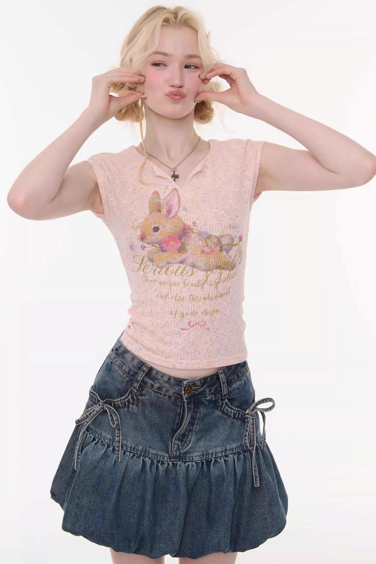 Pink Rabbit Print Slim Top